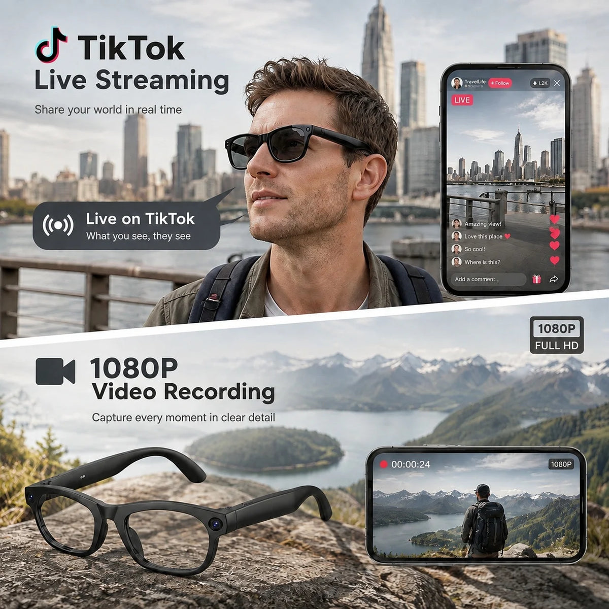 2026 AI Smart Glasses 13MP Camera Take Photo Live Streaming ChatGPT Translations Stabilized POV Recording Audio Music Sunglasses