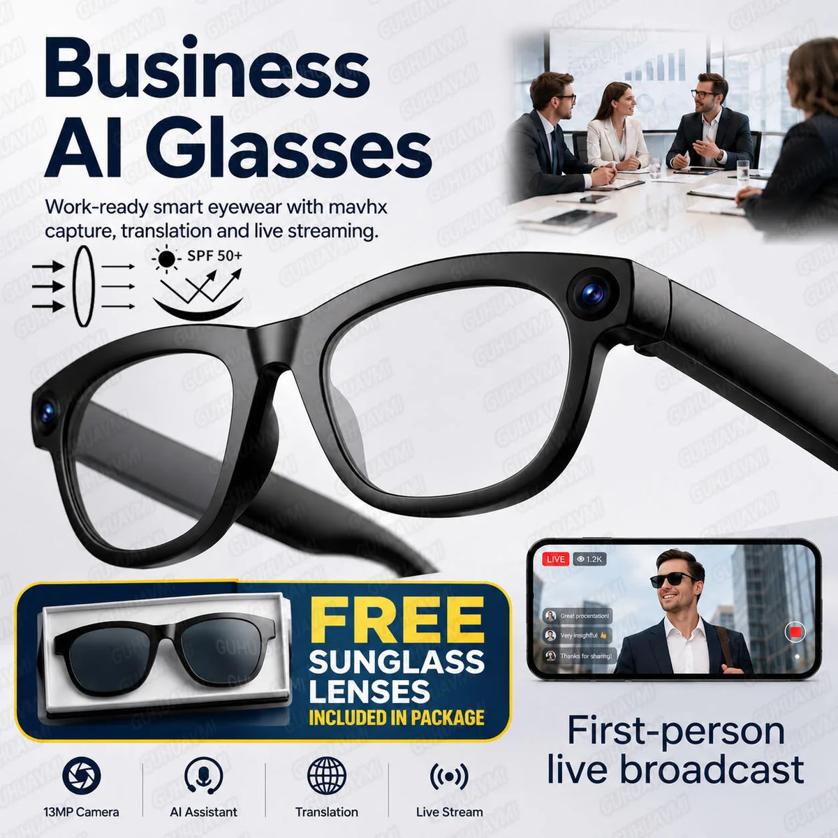 2026 AI Smart Glasses 13MP Camera Take Photo Live Streaming ChatGPT Translations Stabilized POV Recording Audio Music Sunglasses
